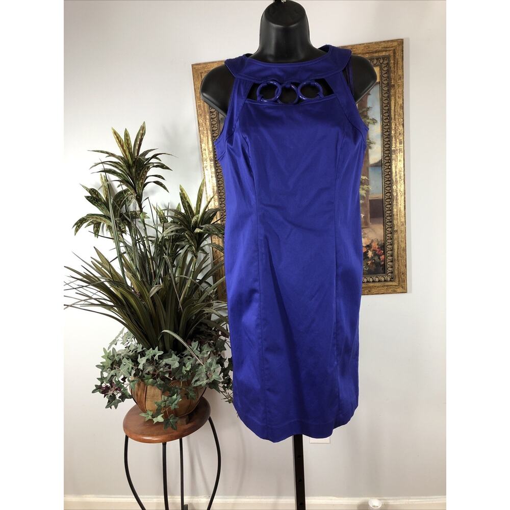 Alfani Petite Women’s 2P Blue Sleeveless Sheath Dress Boho Cutout Neck